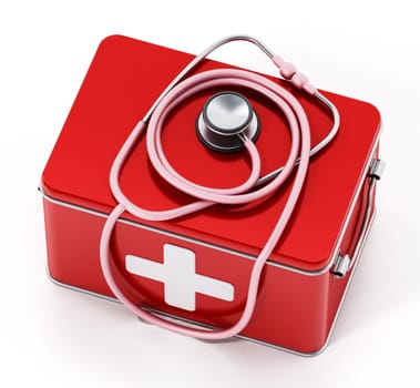 Medicine box and stethoscope isolated on white background. 3D illustration.