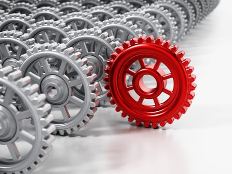 Red gear in motion stands out among other cogwheels. 3D illustration.