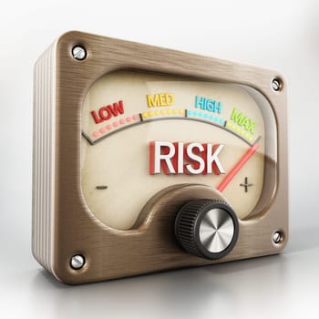 Vintage risk meter pointing maximum risk isolated on white background. 3D illustration.