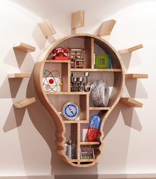Objects representing important inventions in history standing on lightbulb shaped shelves. 3D illustration.