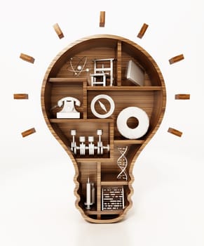 Objects representing important inventions in history standing on lightbulb shaped shelves. 3D illustration.