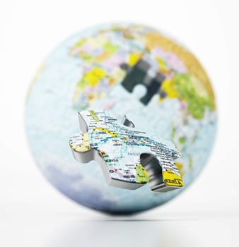 3D globe with world map consisting of puzzle parts isolated on white background. 3D illustration.