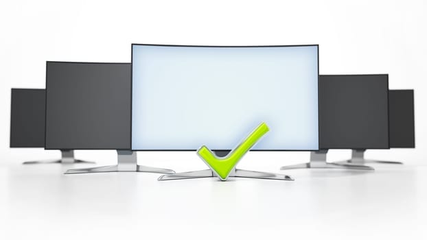 Generic monitor with checkmark sign stands out among other black screens. 3D illustration.