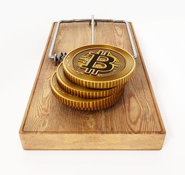Fictitious crypto coin standing on mouse trap. 3D illustration.