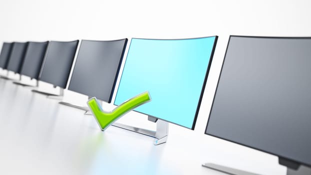 Generic monitor with checkmark sign stands out among other black screens. 3D illustration.