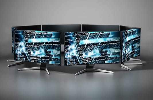 Generic monitors with code wallpapers. 3D illustration.