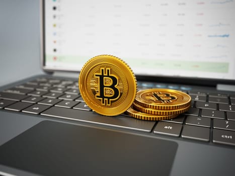 Generic crypto currency coins standing on laptop computer keyboard. 3D illustration.