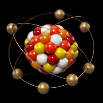 Abstract molecule model consisting of colored spheres. 3D illustration.