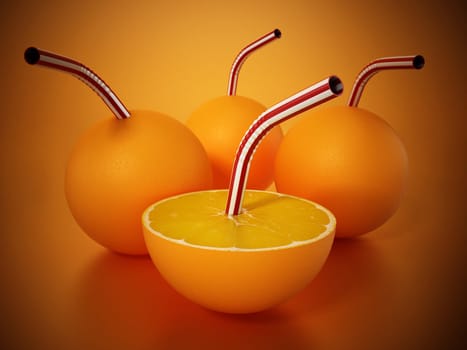 Whole and half cut oranges with straws isolated on orange background. 3D illustration.