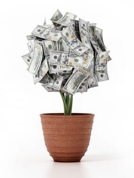 Money plant in the pot. 100 dollar bills on the plant. 3D illustration.