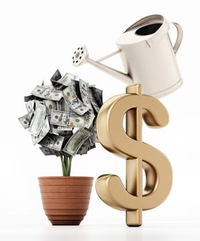 Money plant in the pot. 100 dollar bills on the plant. 3D illustration.