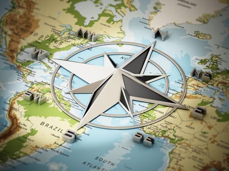 Vintage compass symbol showing the directions on the world map. 3D illustration.