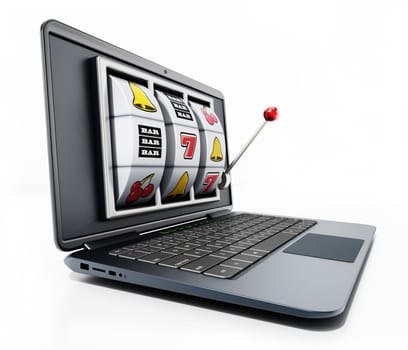 Slot machine on laptop computer screen. 3D illustration.