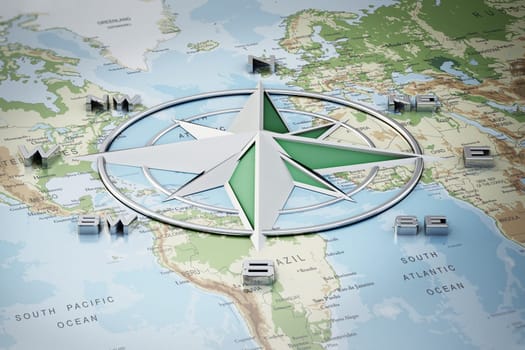 Vintage compass symbol showing the directions on the world map. 3D illustration.