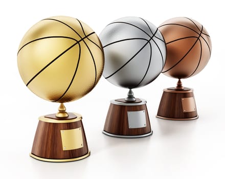 Gold, silver and bronze basketballs on wood pedestals. Basketball first, second and third place award. 3D illustration.