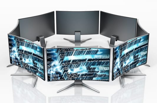 Generic monitors with code wallpapers isolated on white background. 3D illustration.