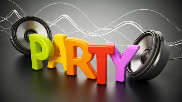 Colorful party text and round loudspeakers. 3D illustration.