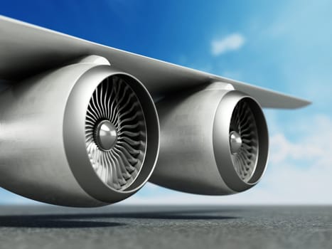 Jet engines in the wing of a passenger airplane. 3D illustration.
