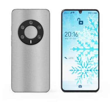 Generic smartphone with fictitious screen interface and camera design isolated on white background. 3D illustration.