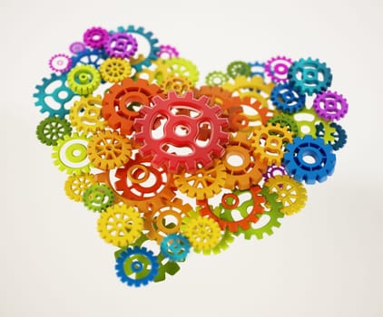 Multi-colored gear set inside heart shape. 3D illustration.