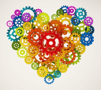 Multi-colored gear set inside heart shape. 3D illustration.