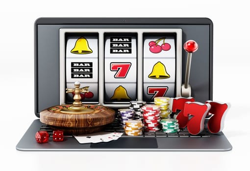 Online gambling concept. Roulette table, playing cards,casino chips standing on laptop computer. 3D illustration.