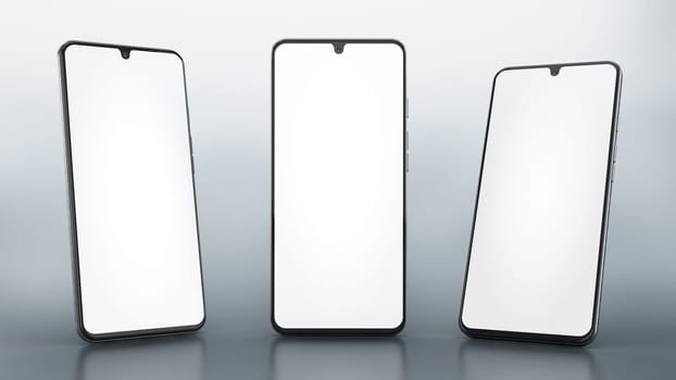 Generic designed smartphones with angle variations isolated on white background. 3D illustration.