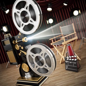 Vintage camera, director's chair, clapperboard and horn in studio. 3D illustration.