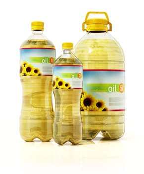 Sunflower oil bottles with fictitious labels isolated on white background. 3D illustration.