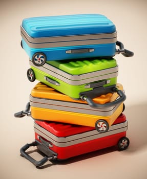 Stack of colorful suitcases with soft shadows. 3D illustration.
