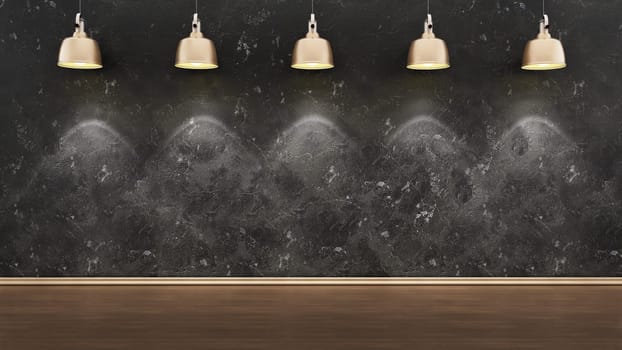 Blank black wall lit by ceiling lamps. 3D illustration.