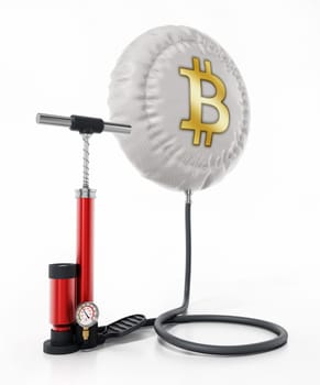 Manual hand pump inflates balloon with bitcoin symbol. 3D illustration.