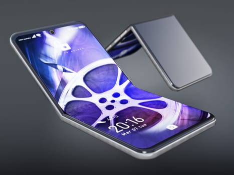 Generic foldable smartphone with fictitious screen interface isolated on gray background. 3D illustration.