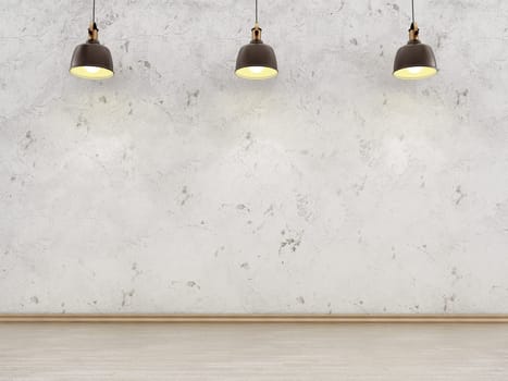 Blank stucco wall lit by ceiling lamps. 3D illustration.