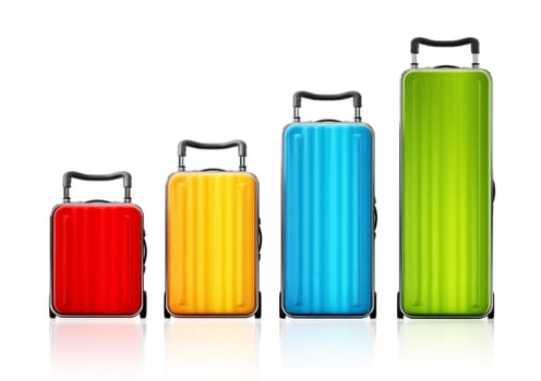 Colorful suitcases arranged like a bar chart. 3D illustration.