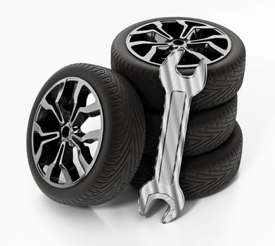 Wrench and tyres isolated on white background. 3D illustration.