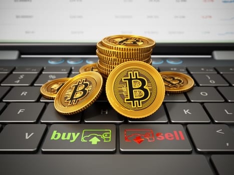 Generic crypto currency coins, buy and sell icons standing on laptop computer keyboard. 3D illustration.