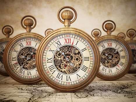 Antique pocket watches on vintage background. 3D illustration.