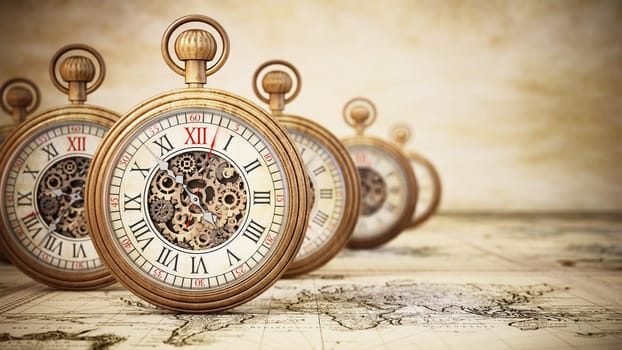 Antique pocket watches on vintage background. 3D illustration.