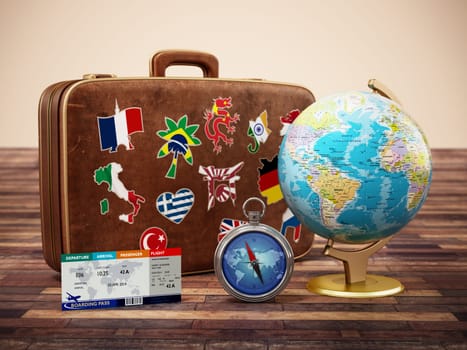 Vintage suitcase with flags of world countries, globe, compass and plane tickets. 3D illustration.