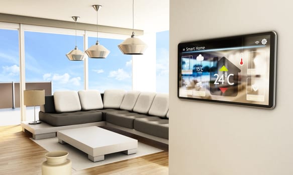 Smart home concept. Tablet with smart home controls on the wall of the house. 3D illustration.