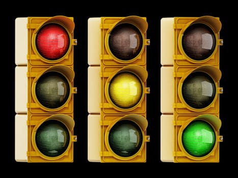 Traffic lights with red, yellow and green lights isolated on black background. 3D illustration.
