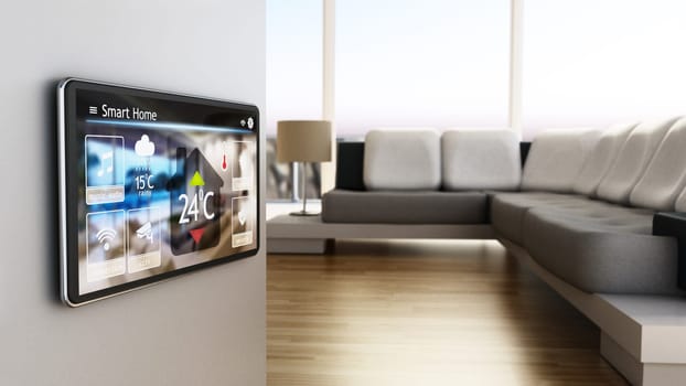 Smart home concept. Tablet with smart home controls on the wall of the house. 3D illustration.