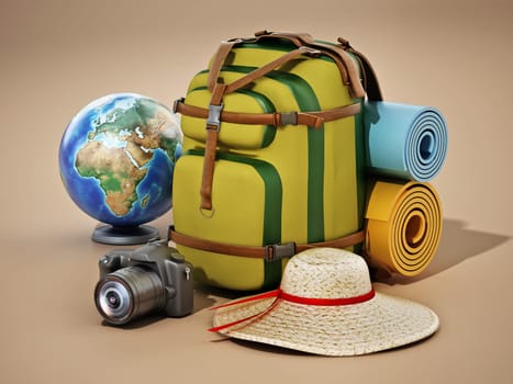 Traveller's backpack, hat, globe, camera and sleeping mats. 3D illustration.