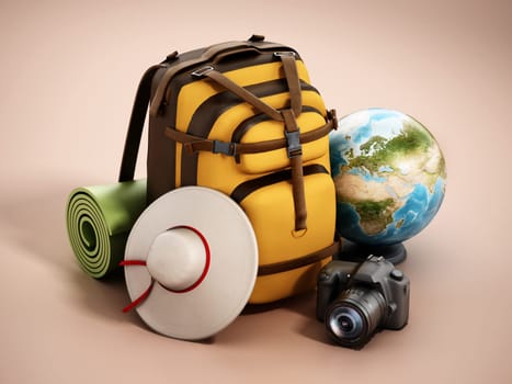Traveller's backpack, hat, globe, camera and sleeping mats. 3D illustration.