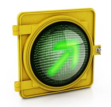 Right turn traffic lamp isolated on black background. 3D illustration.