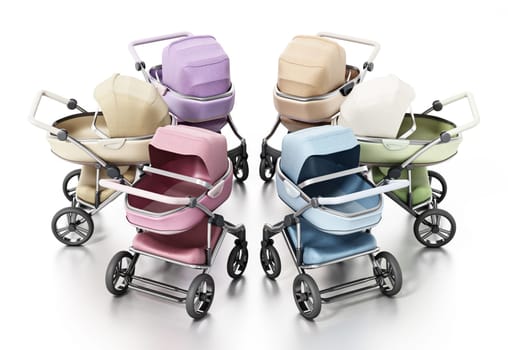 Group of vintage baby strollers isolated on white background. 3D illustration.