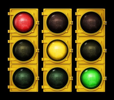 Traffic lights with red, yellow and green lights isolated on black background. 3D illustration.
