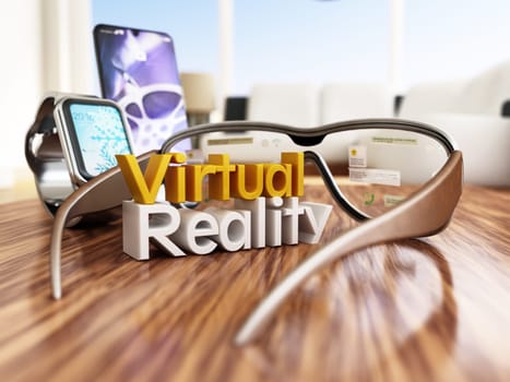 Virtual reality glasses, smartphone and smartwatch on wooden table. 3D illustration.