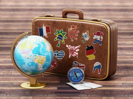 Vintage suitcase with flags of world countries, globe, compass and plane tickets. 3D illustration.